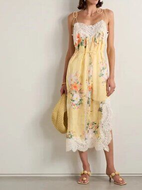 Zimmermann NWOT Everley Belted Lace-Trimmed Floral-Print Linen Midi Dress 1 US 6